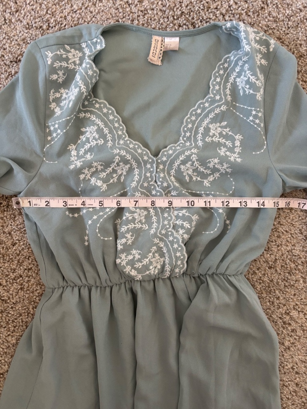 H&M Sage Green Embroidered Boho Mini Dress | 3/4 Sleeve V-Neck - Picture 4 of 6